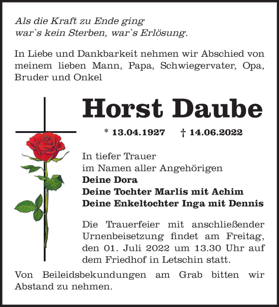 Traueranzeige von Horst Daube von Märkische Oderzeitung