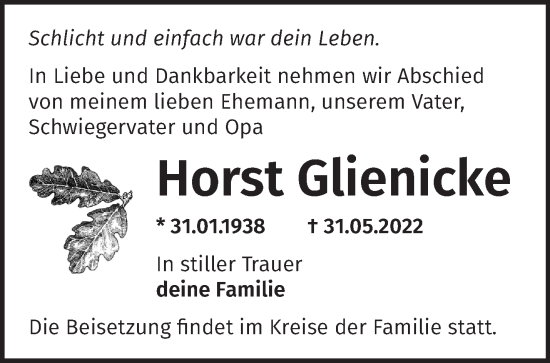 Traueranzeige von Horst Glienicke von Märkische Oderzeitung