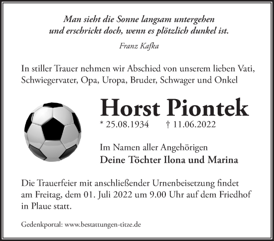 Traueranzeige von Horst Piontek von Märkische Oderzeitung