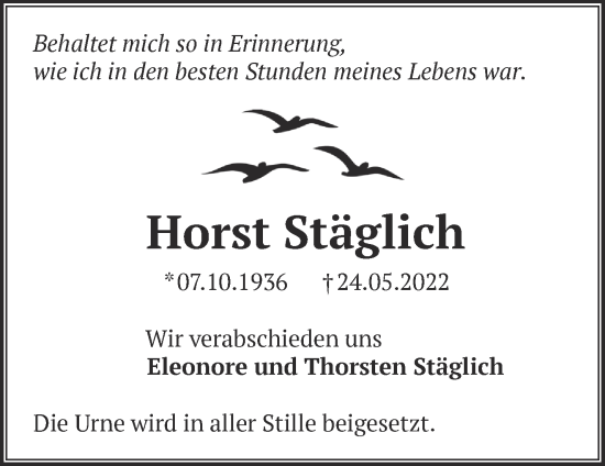 Traueranzeige von Horst Stäglich von Märkische Oderzeitung