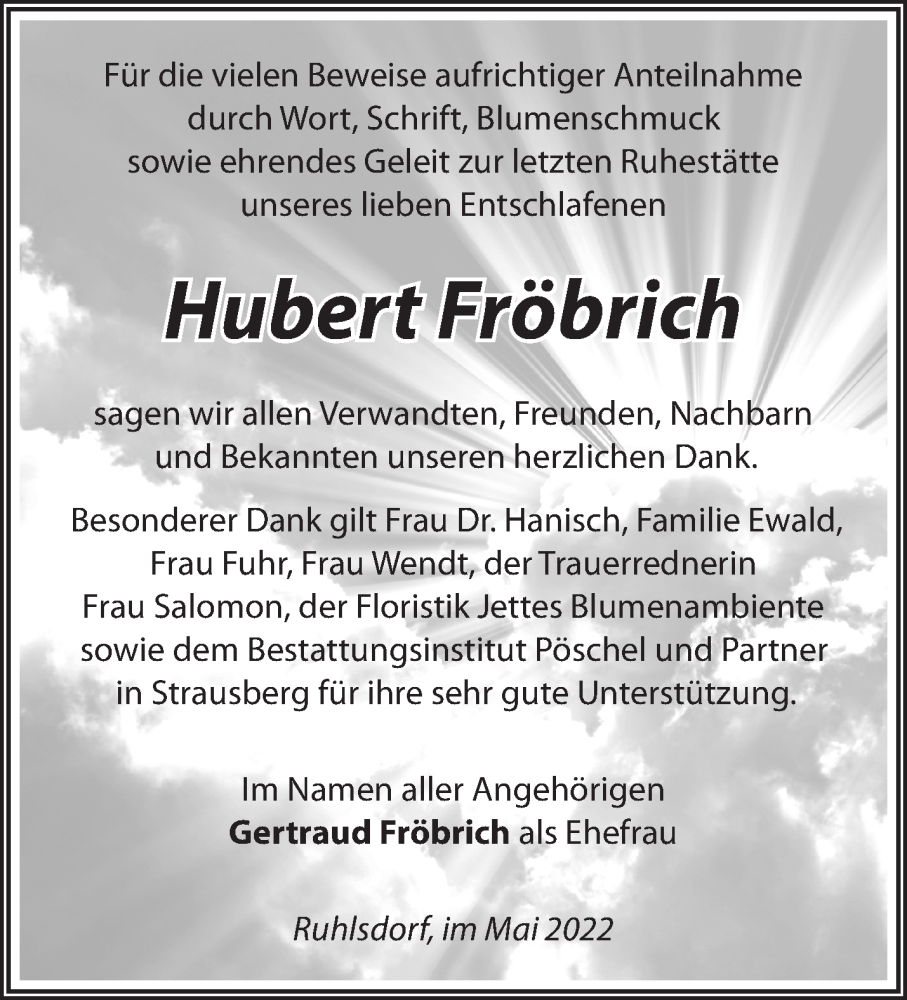  Traueranzeige für Hubert Fröbrich vom 04.06.2022 aus Märkische Oderzeitung