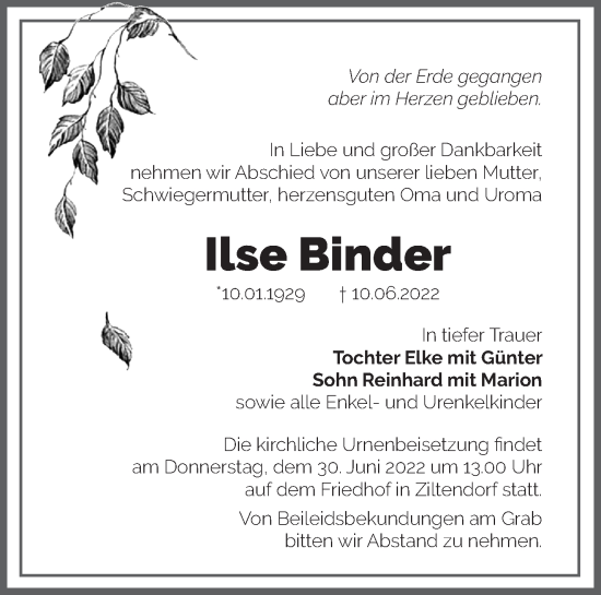 Traueranzeige von Ilse Binder von Märkische Oderzeitung