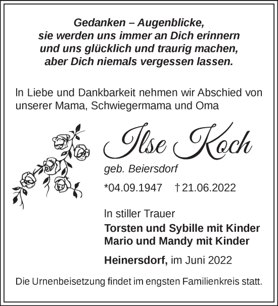 Traueranzeige von Ilse Koch von Märkische Oderzeitung