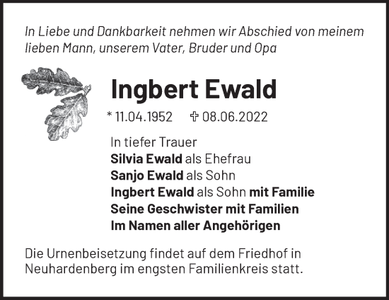 Traueranzeige von Ingbert Ewald von Märkische Oderzeitung