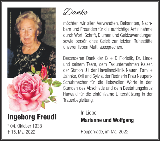 Traueranzeige von Ingeborg Freudl von Märkische Oderzeitung