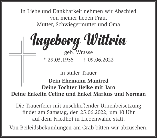 Traueranzeige von Ingeborg Wittrin von Märkische Oderzeitung