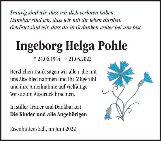 Traueranzeige von Ingeborg Helga Pohle von Märkische Oderzeitung