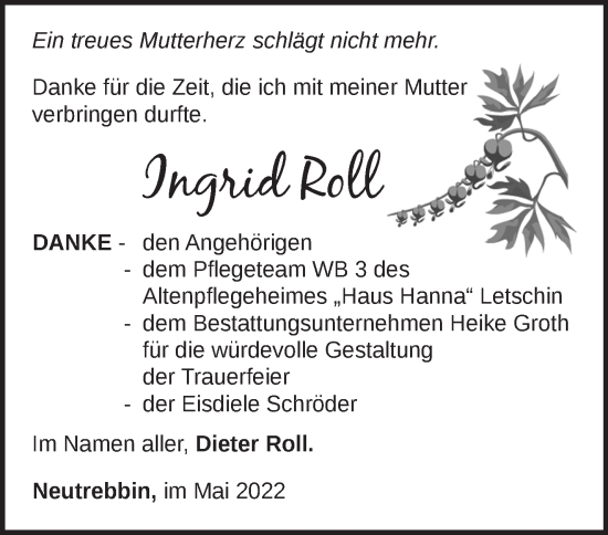 Traueranzeige von Ingrid Roll von Märkische Oderzeitung