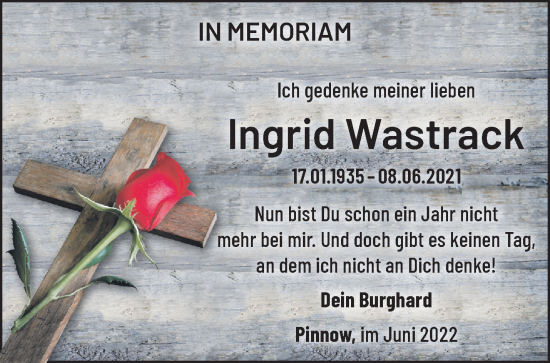 Traueranzeige von Ingrid Wastrack von Märkische Oderzeitung