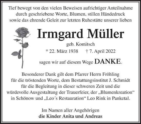 Traueranzeige von Irmgard Müller von Märkische Oderzeitung