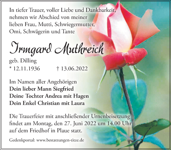 Traueranzeige von Irmgard Muthreich von Märkische Oderzeitung