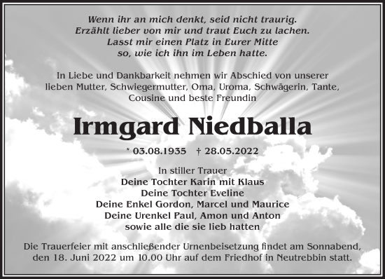 Traueranzeige von Irmgard Niedballa von Märkische Oderzeitung