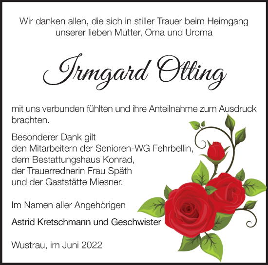 Traueranzeige von Irmgard Otting von Märkische Oderzeitung