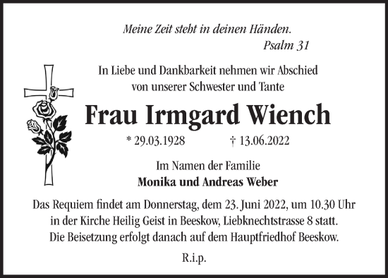 Traueranzeige von Irmgard Wiench von Märkische Oderzeitung