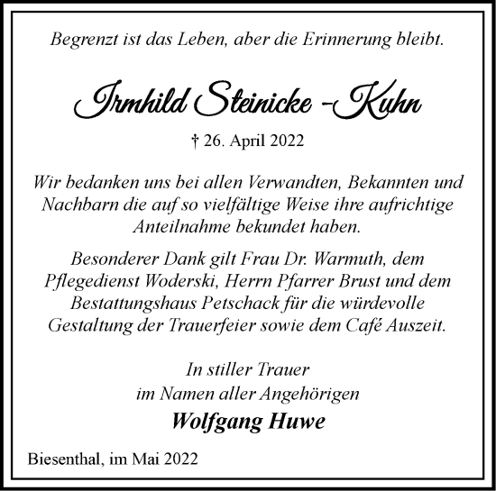 Traueranzeige von Irmhild Steinicke-Kuhn von Märkische Oderzeitung