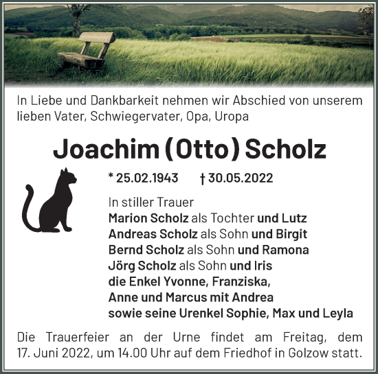 Traueranzeige von Joachim Scholz von Märkische Oderzeitung