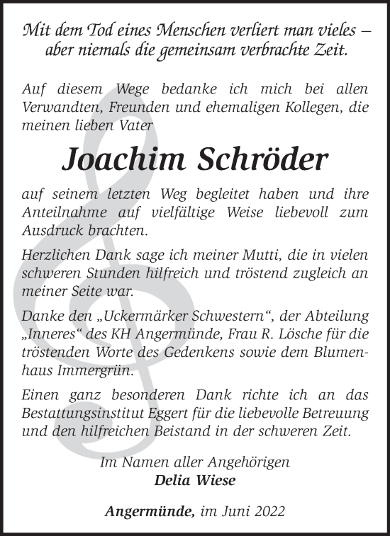 Traueranzeige von Joachim Schröder von Märkische Oderzeitung