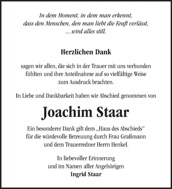 Traueranzeige von Joachim Staar von Märkische Oderzeitung