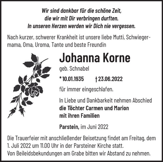 Anzeige Johanna Korne
