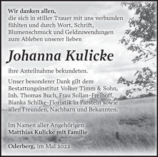 Traueranzeige von Johanna Kulicke von Märkische Oderzeitung