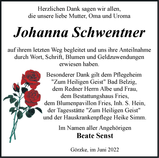 Traueranzeige von Johanna Schwentner von Märkische Oderzeitung