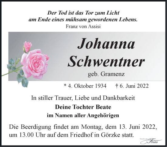 Traueranzeige von Johanna Schwentner von Märkische Oderzeitung