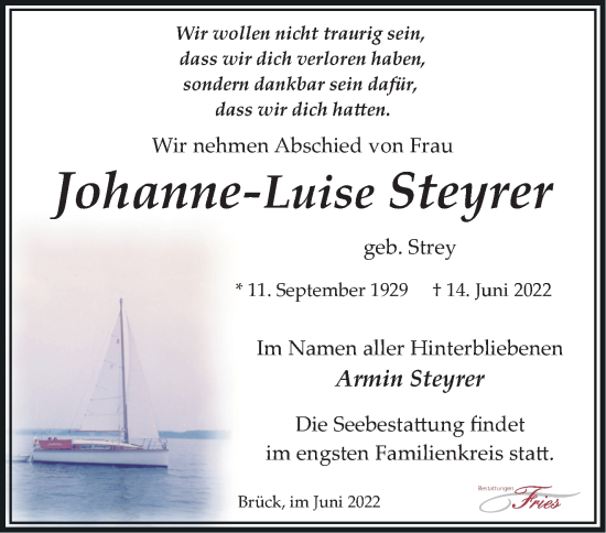 Traueranzeige von Johanne-Luise Steyrer von Märkische Oderzeitung