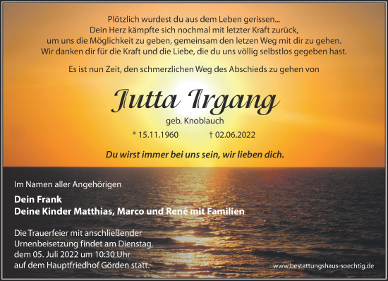 Traueranzeige von Jutta Irgang von Märkische Oderzeitung