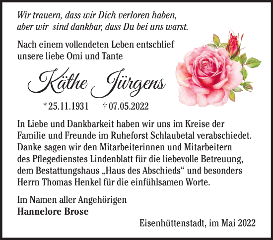 Traueranzeige von Käthe Jürgens von Märkische Oderzeitung