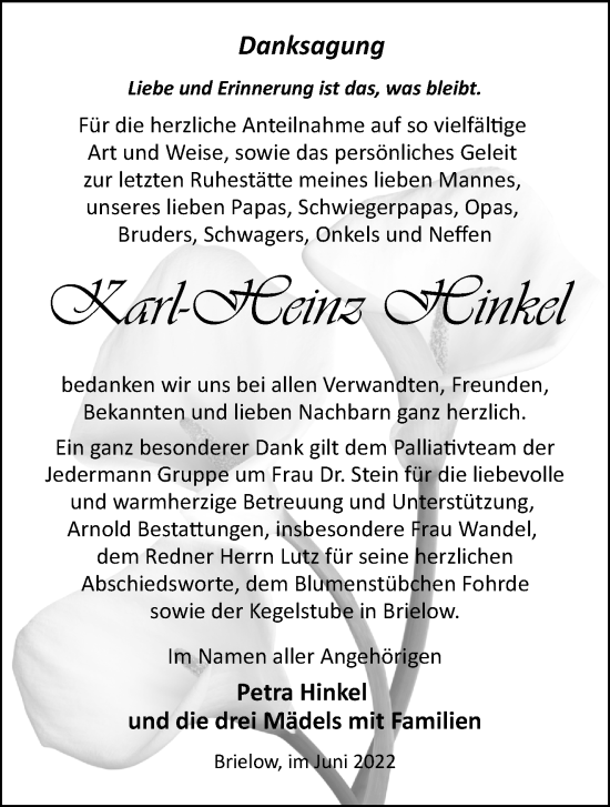 Traueranzeige von Karl-Heinz Hinkel von Märkische Oderzeitung