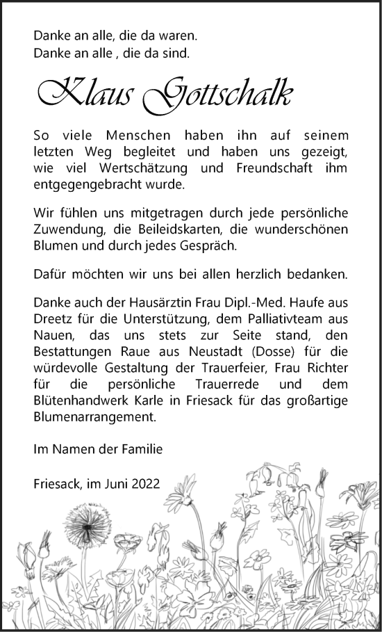 Traueranzeige von Klaus Gottschalk von Märkische Oderzeitung