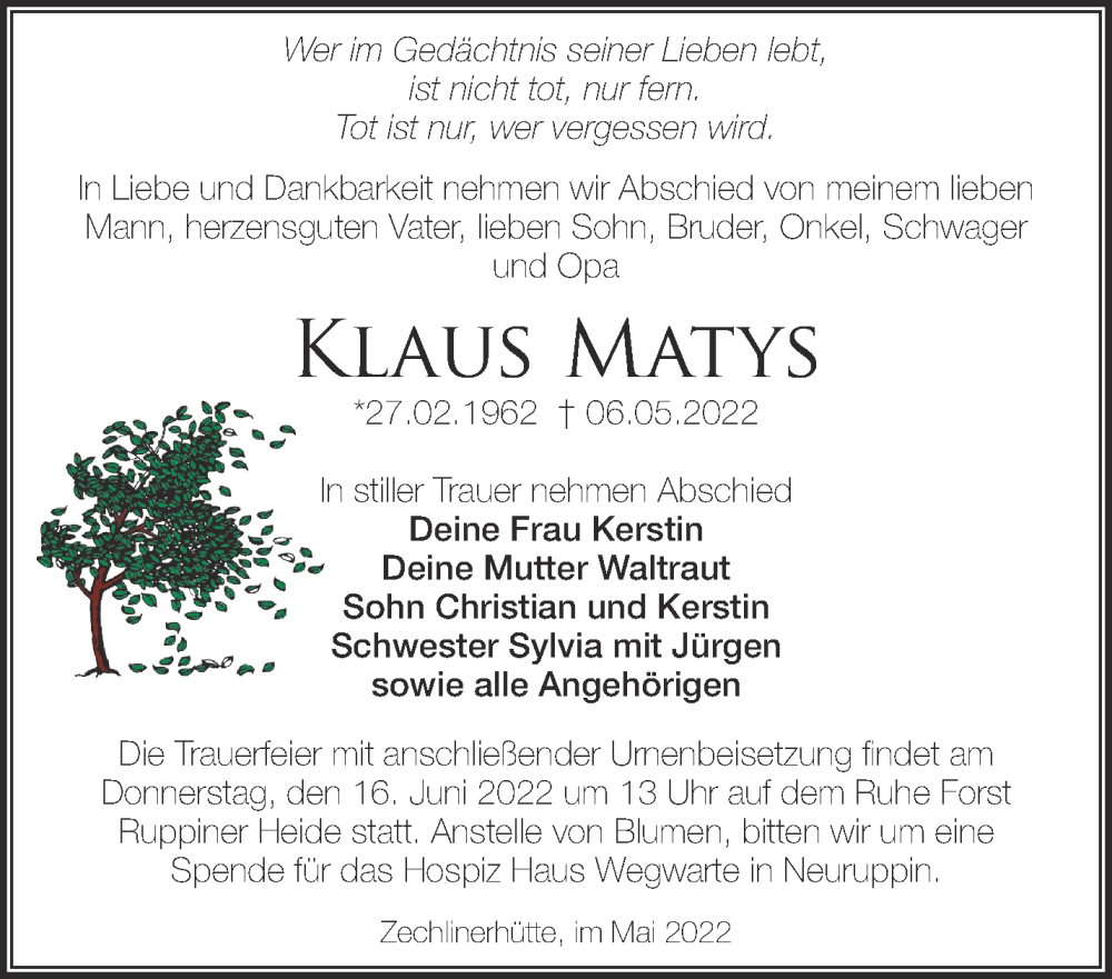  Traueranzeige für Klaus Matys vom 11.06.2022 aus Märkische Oderzeitung