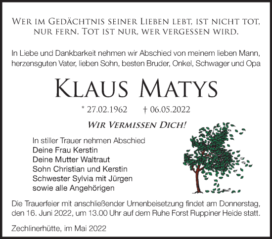 Traueranzeige von Klaus Matys von Märkische Oderzeitung