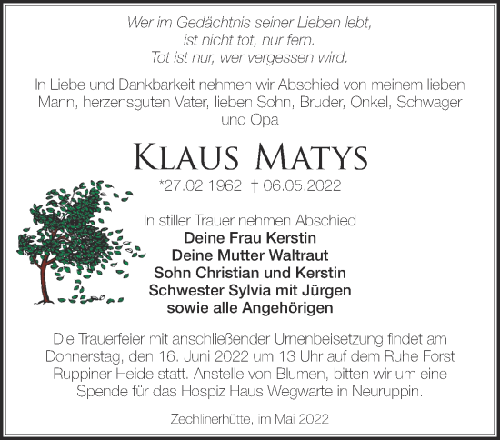 Traueranzeige von Klaus Matys von Märkische Oderzeitung