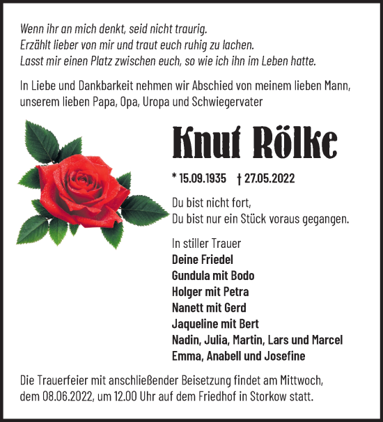 Traueranzeige von Knut Rölke von Märkische Oderzeitung