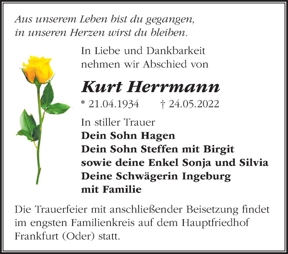  Traueranzeige für Kurt Herrmann vom 04.06.2022 aus Märkische Oderzeitung