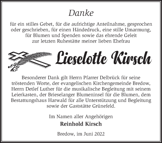 Traueranzeige von Lieselotte Kirsch von Märkische Oderzeitung