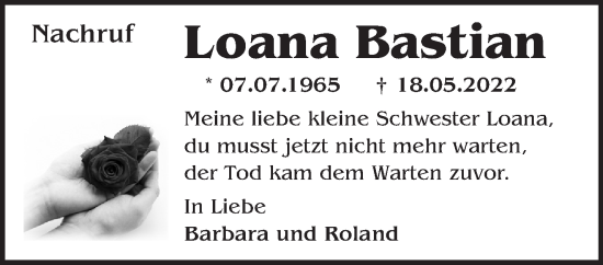 Traueranzeige von Loana Bastian von Märkische Oderzeitung