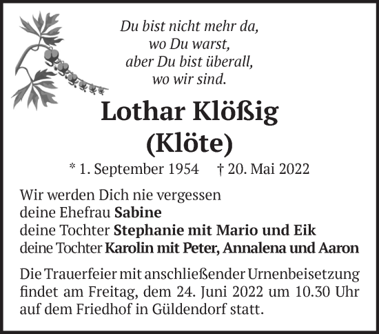 Traueranzeige von Lothar Klößig von Märkische Oderzeitung