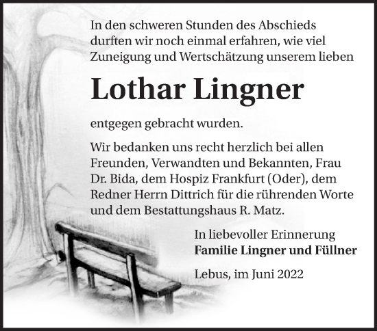 Traueranzeige von Lothar Lingner von Märkische Oderzeitung