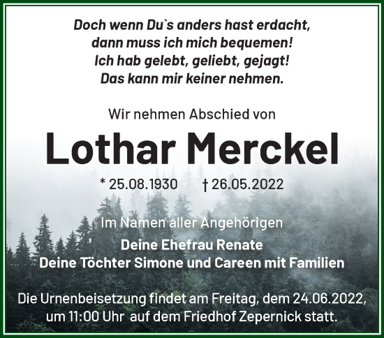 Traueranzeige von Lothar Merckel von Märkische Oderzeitung