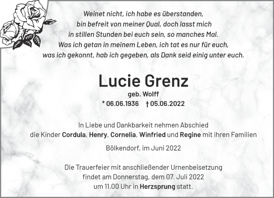 Traueranzeige von Lucie Grenz von Märkische Oderzeitung