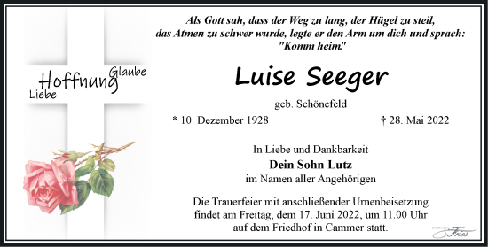 Traueranzeige von Luise Seeger von Märkische Oderzeitung