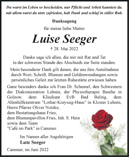 Traueranzeige von Luise Seeger von Märkische Oderzeitung