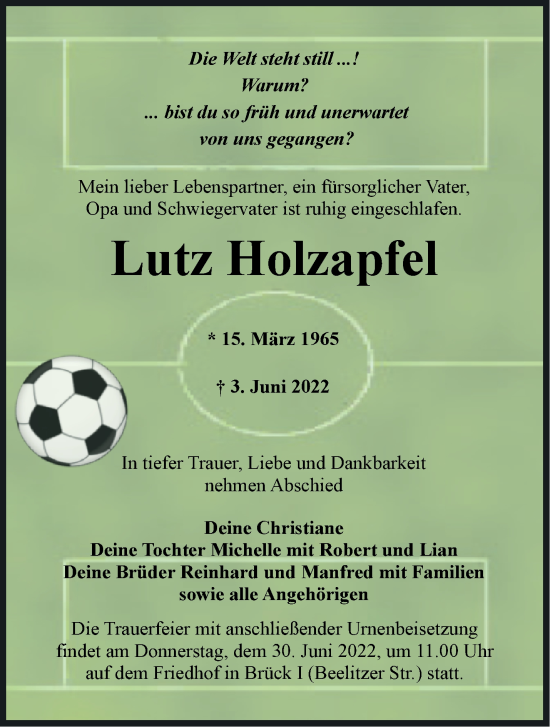 Traueranzeige von Lutz Holzapfel von Märkische Oderzeitung