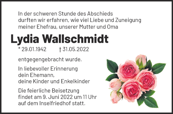 Traueranzeige von Lydia Wallschmidt von Märkische Oderzeitung