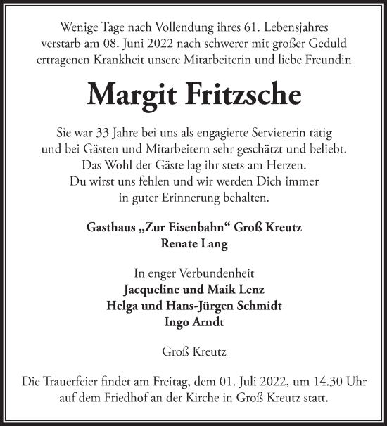 Traueranzeige von Margit Fritzsche von Märkische Oderzeitung