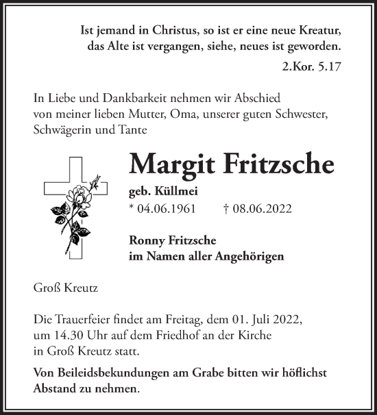 Traueranzeige von Margit Fritzsche von Märkische Oderzeitung