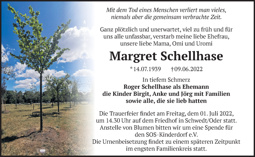  Traueranzeige für Margret Schellhase vom 14.06.2022 aus Märkische Oderzeitung