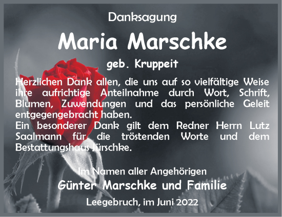 Traueranzeige von Maria Marschke von Märkische Oderzeitung